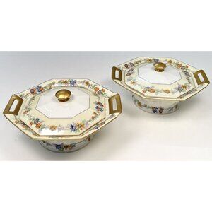 2 Theodore Haviland Limoges 1925-36 Miami Octagonal Ivory Floral COVERED DISHES